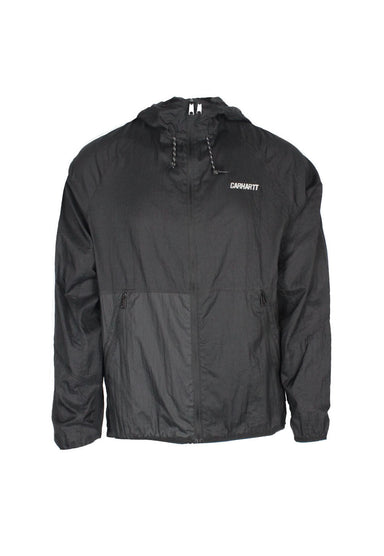 front view of carhartt work in progress black ‘turrell’ zip up jacket. features ‘carhartt’ logo reflective printed at left breast, side zip hand pockets, drawstrings at hood/hem, and elastic at cuffs.