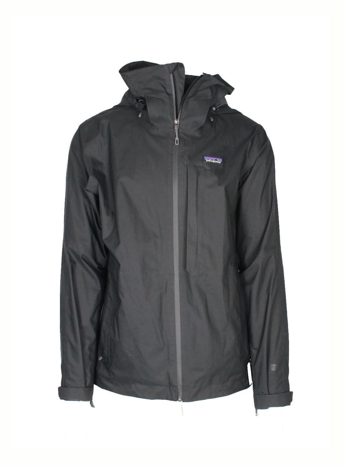 front view of patagonia black zip up ski jacket. features ‘patagonia’ logo tag at left breast, side zip hand pockets, left breast zip pocket, underarm zip vents, velcro at cuffs, drawstring at hem, fully mesh lined, inner mesh pockets, and optional zip/snap on hood with drawstring at collar.