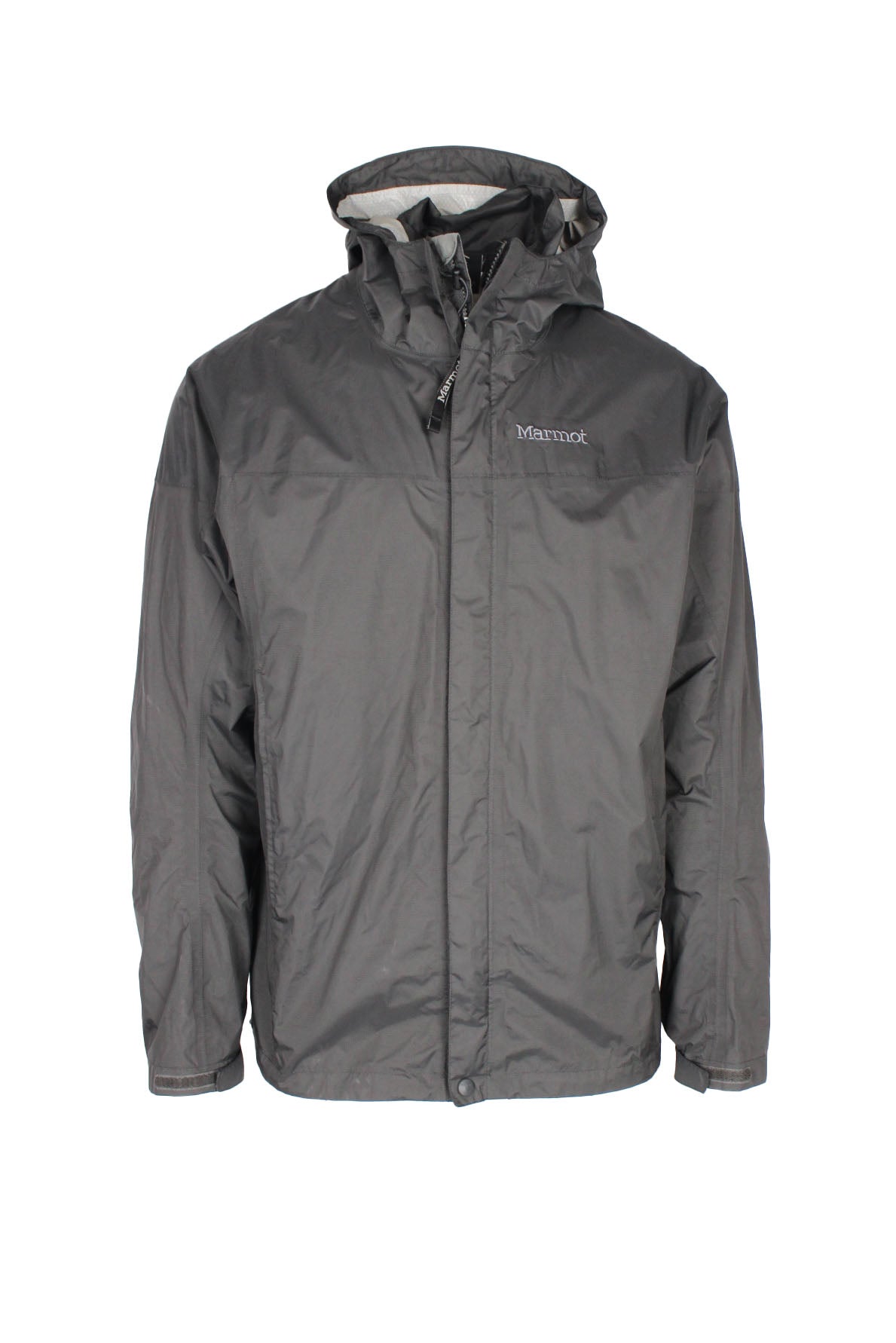 front view of marmot matte black velcro/zip up waterproof packable jacket. features ‘marmot’ logo embroidered at left breast//back right shoulder, side zip hand pockets, underarm zip vents, velcro at cuffs, drawstrings at hood/hem, and left pocket doubles as a packable zip pouch.