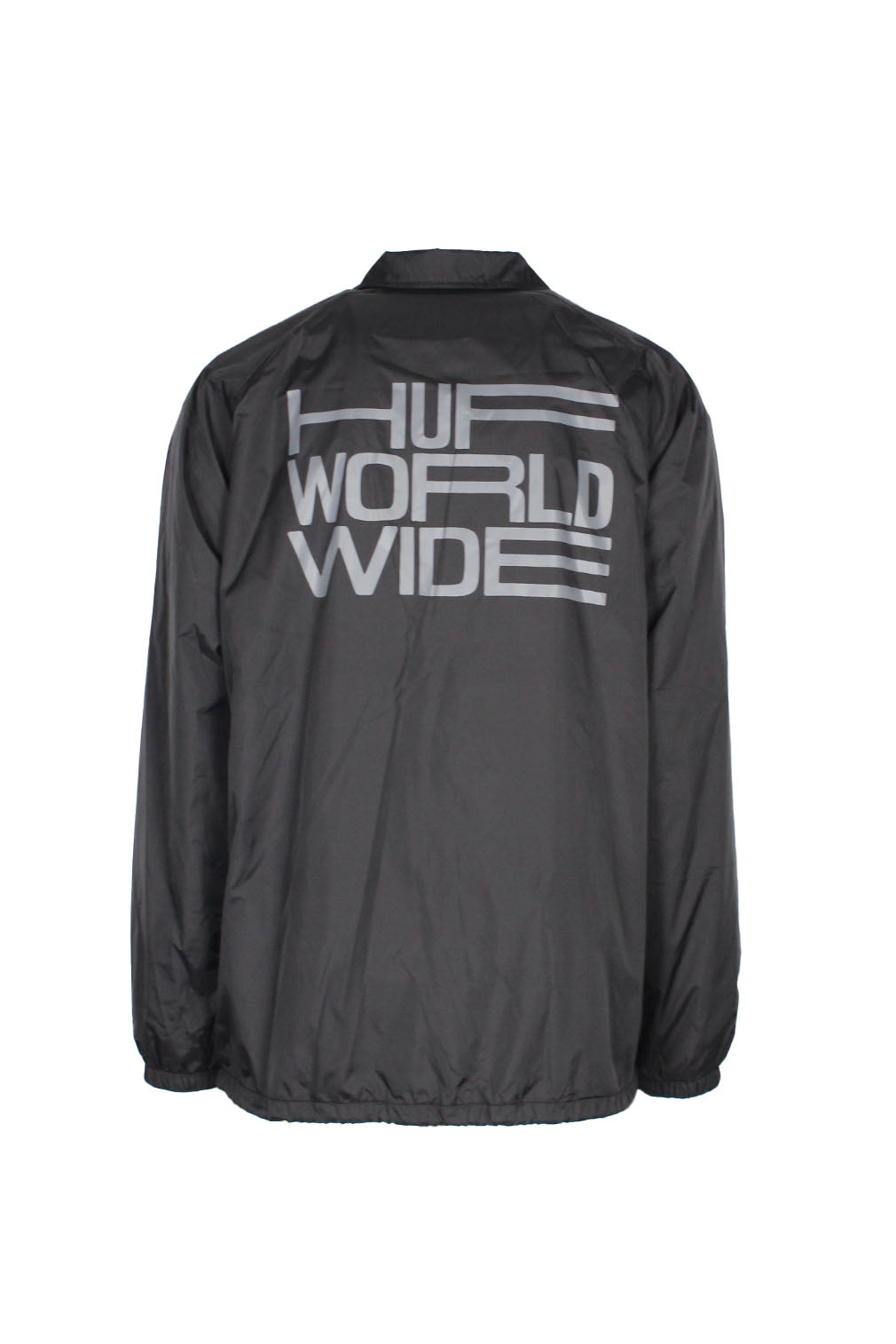 rear view with 'huf world wide' graphic printed at back of jacket.