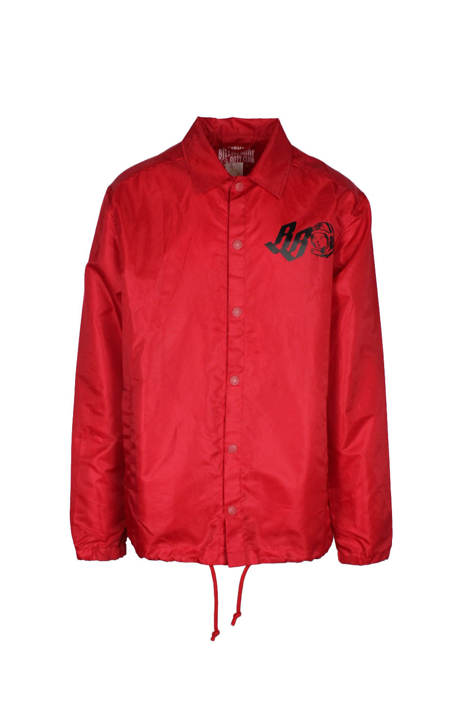 front view of billionaire boys club red snap button up coach jacket. features ‘bb’ graphic printed at left breast, ‘billionaire boys club’ graphic printed at back, side hand pockets, elastic at cuffs, and drawstrings at hem.