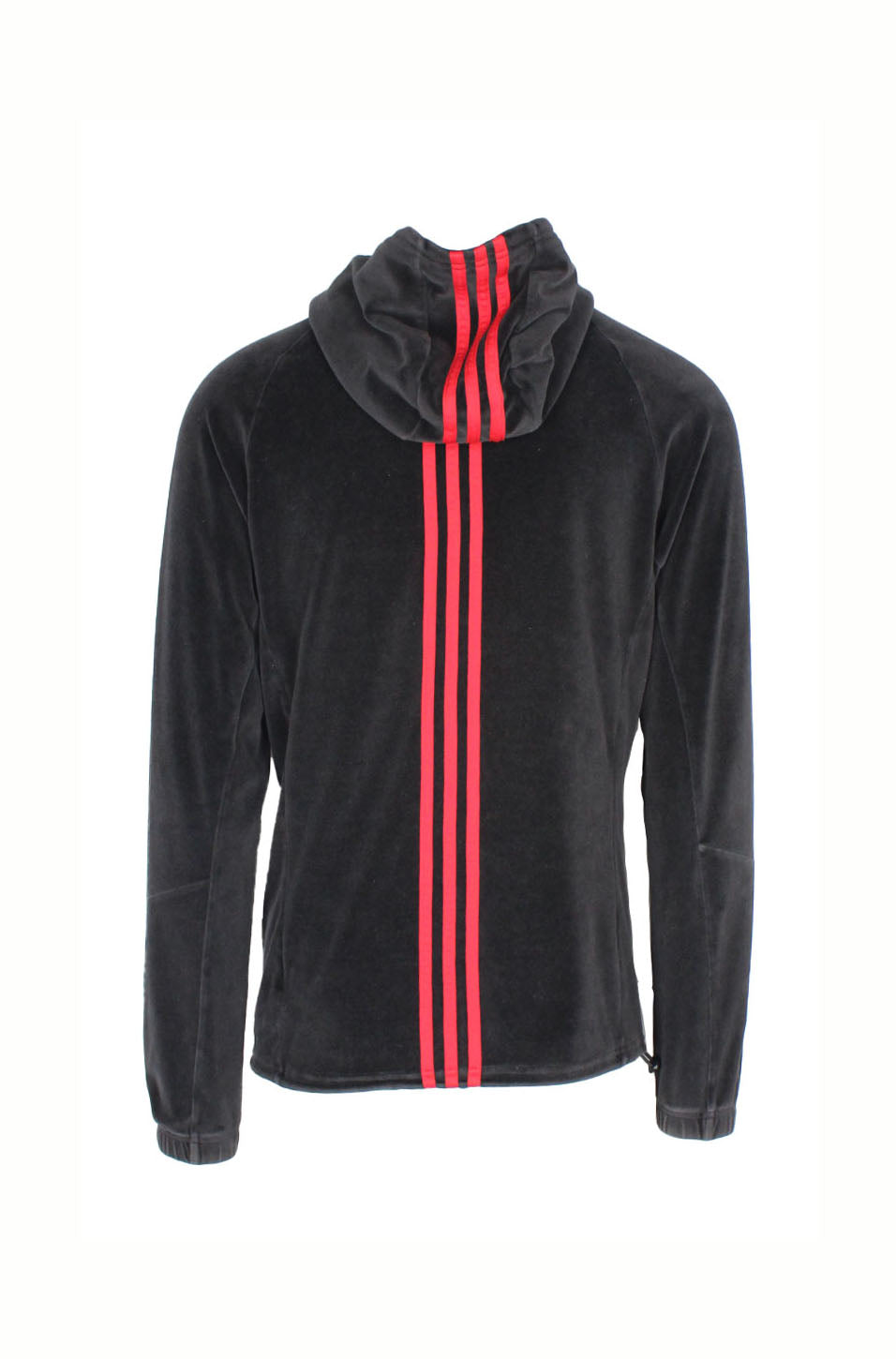 rear view with adidas signature red stripes at hood/back of hoodie.
