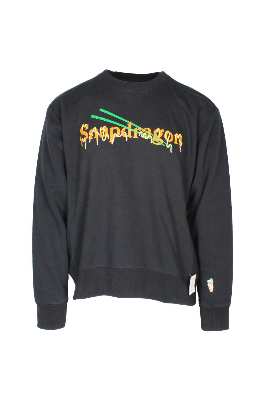 front view of carrots black pullover crew neck cotton sweatshirt. features ‘snapdragon’ graphic printed at chest and ribbed collar/cuffs/hem.