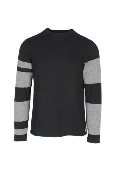 front view of wyatt black/grey pullover cashmere sweater. features grey stripes at sleeves with ribbed collar.