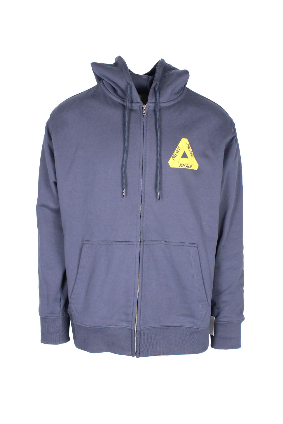 front view of palace slate blue/yellow ‘tri-puff print’ zip up cotton hoodie. features ‘palace’ logo printed at left breast/back, front kangaroo pouch pocket, drawstrings hood and ribbed cuffs/hem.
