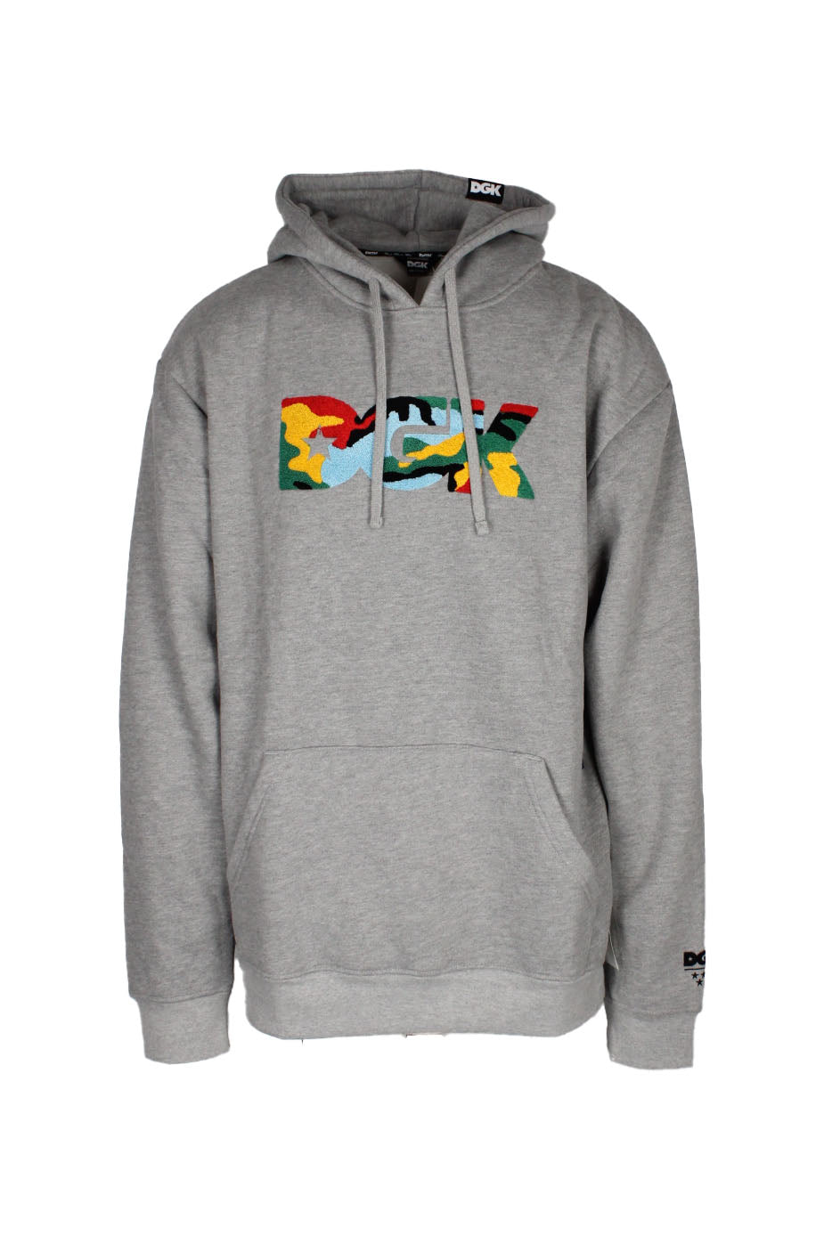 front view of dgk grey pullover hoodie. features front kangaroo pouch pocket, drawstrings at hood, ribbed cuffs/hem, and ‘dgk’ logo embroidered at chest,above left cuff, and logo tag at hood.