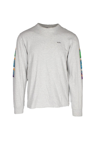 front view of noah light heather grey long sleeve shirt. features ‘noah’ logo printed at left breast, wave graphics printed at sleeves, and ribbed collar/cuffs.