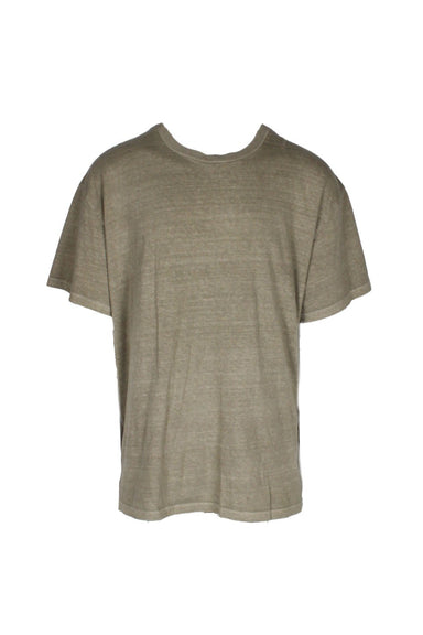 front view of john elliot heather greige t-shirt. features ribbed collar.