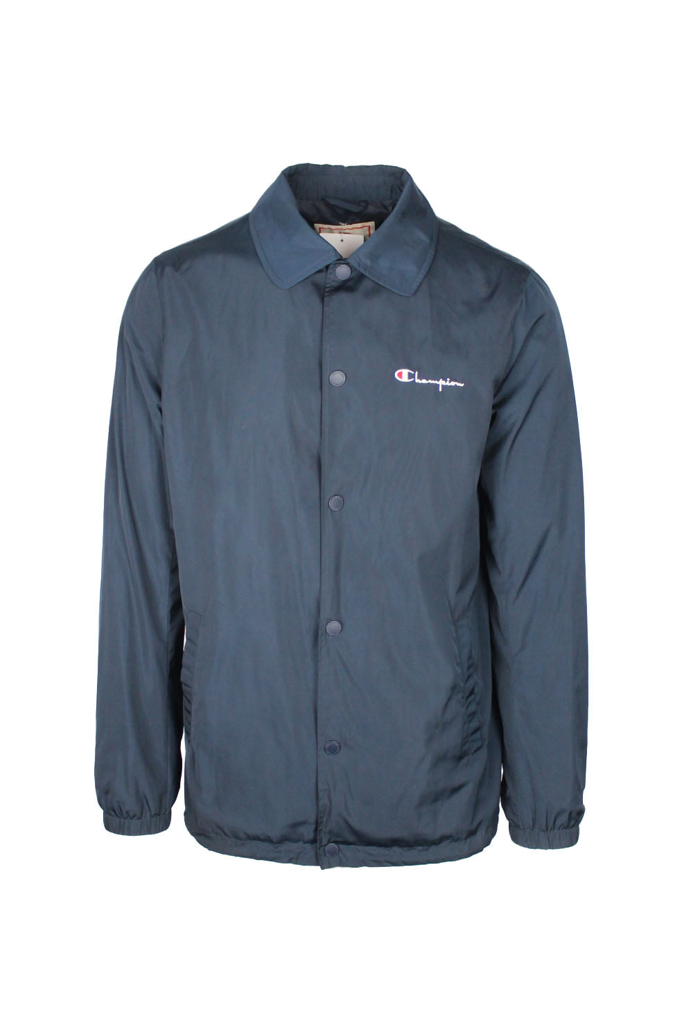 front view of champion navy snap button up coach jacket. features ‘champion’ logo embroidered at left breast, champion ‘c’ logo patch above left cuff, side hand pockets, inner velcro chest pocket, fully lined, elastic at cuffs, and drawstring at hem.