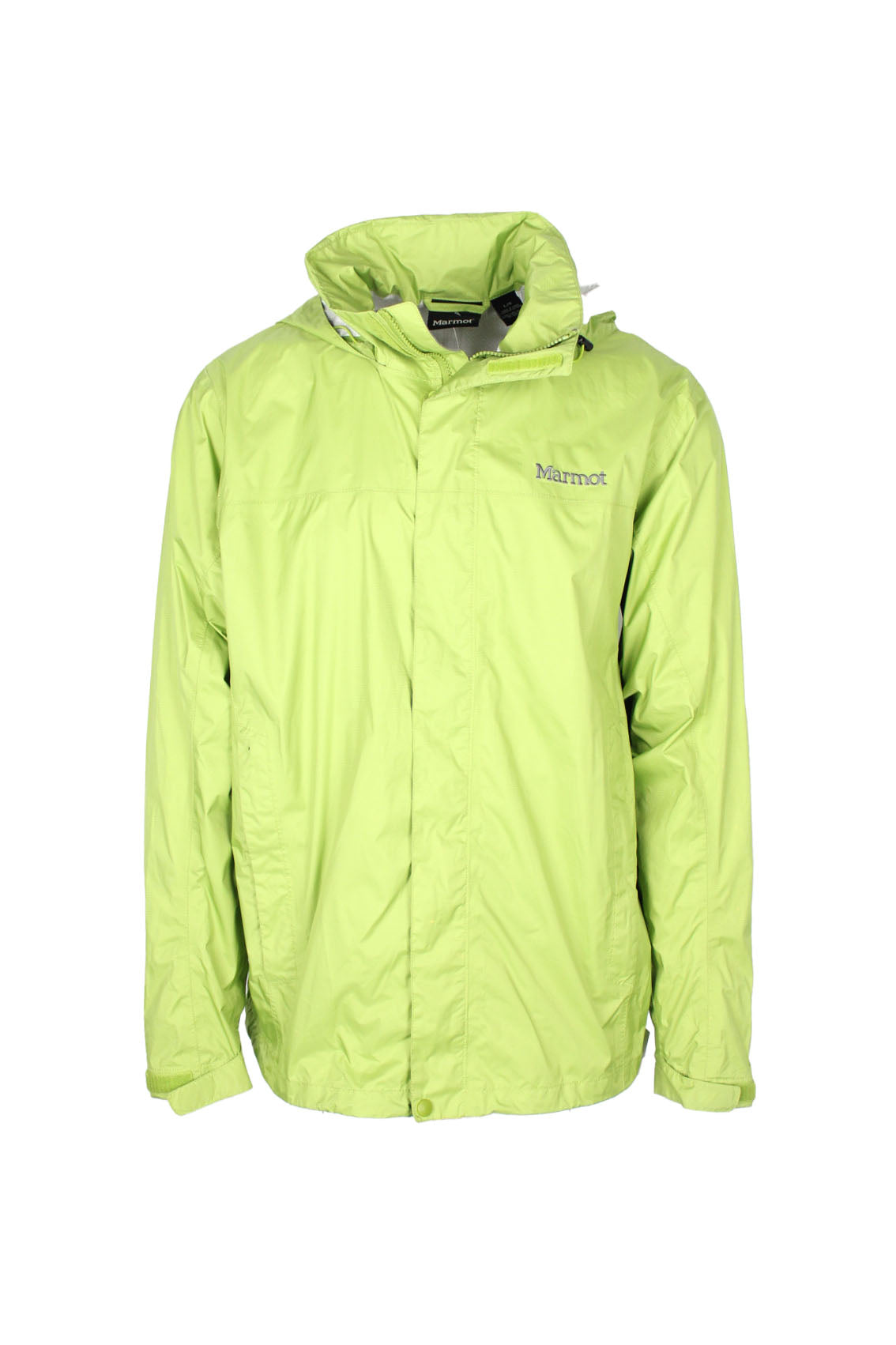 front view of marmot lime green velcro/zip up ripstop waterproof jacket. features ‘marmot’ logo embroidered at left breast/back right shoulder, side zip hand pockets, velcro straps at cuffs,underarm zip vents, and elastic drawstring at hood/hem.