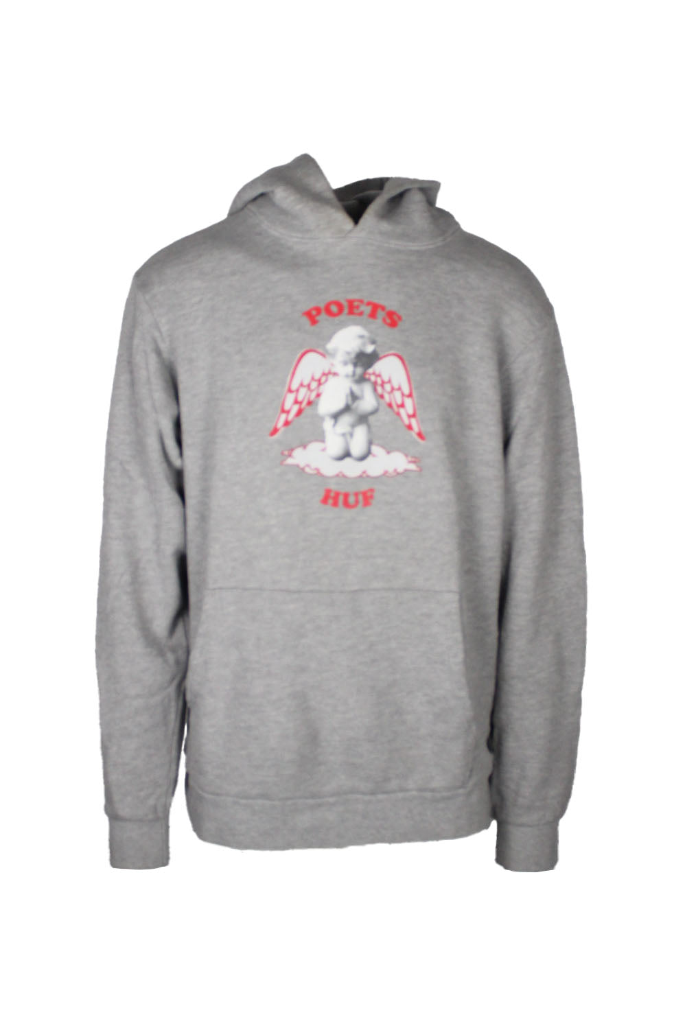 front view of huf x poets grey pullover hoodie. features ‘poets huf’ logo graphic printed at chest, ‘huf’ logo tab at left side above hem, front kangaroo pouch pocket, and ribbed cuffs/hem.