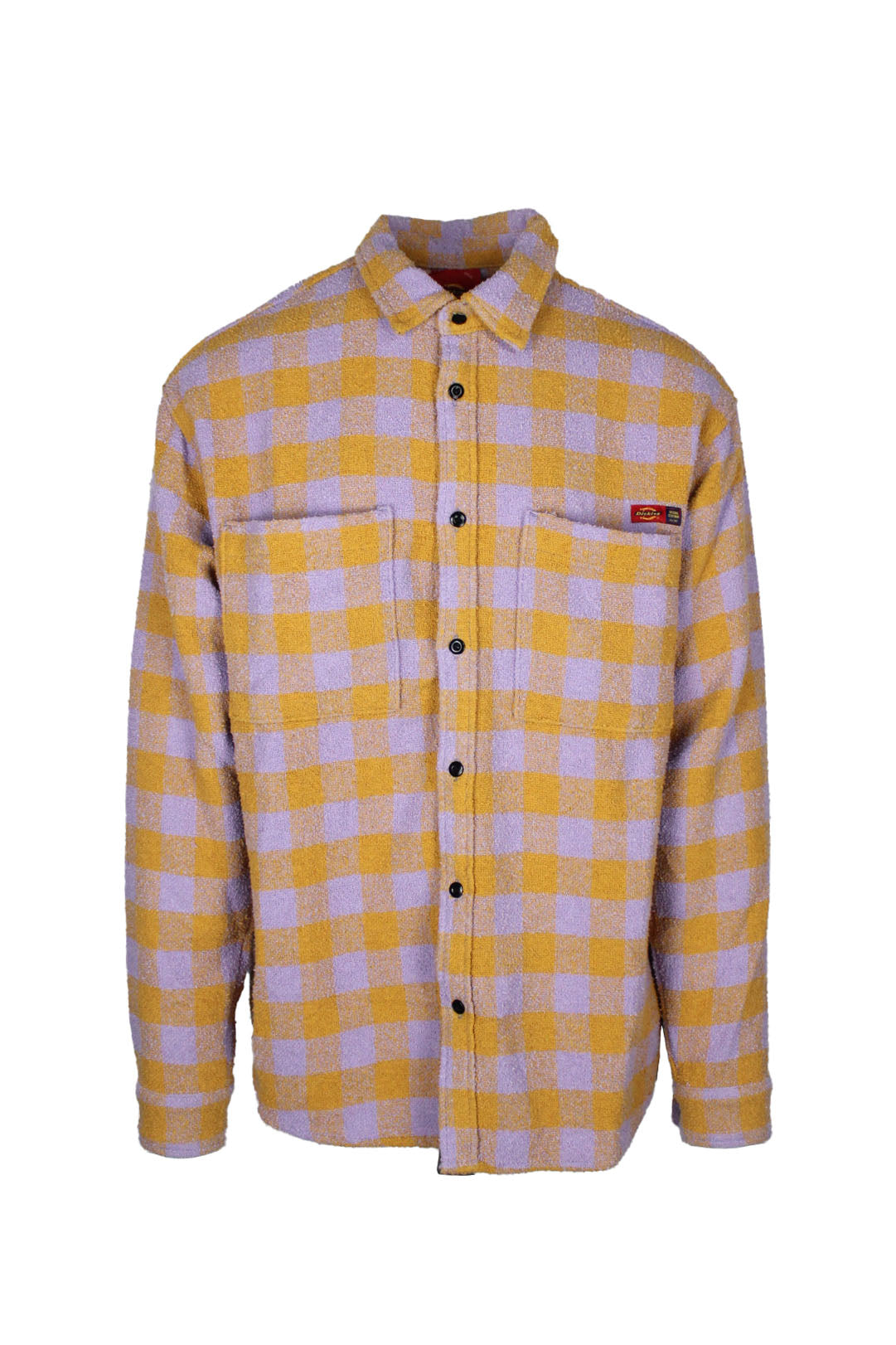 front view of dickies x opening ceremony lilac/honey buffalo plaid long sleeve button up shirt. features ‘dickies x opening ceremony’ logo tag above left breast pocket and buttons at cuffs.
