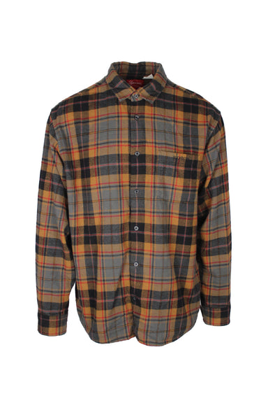 front view of supreme brown/grey/black/red plaid long sleeve button up flannel shirt. features ‘supreme’ logo embroidered at left breast pocket and buttons at cuffs.