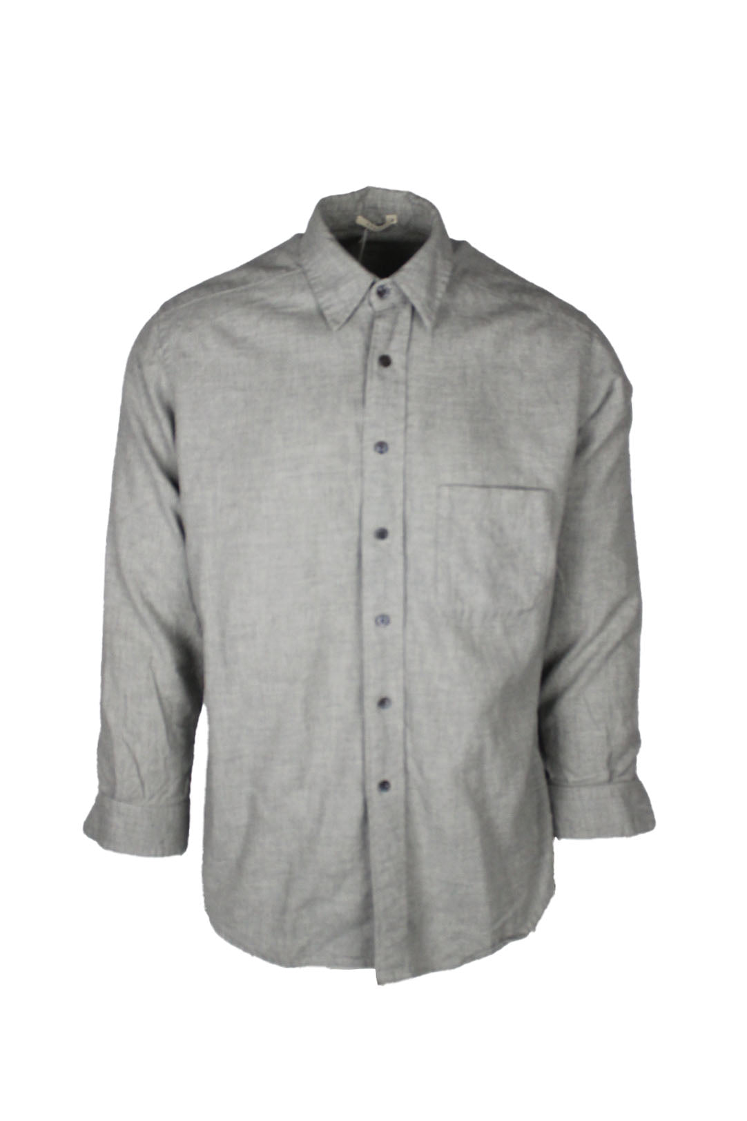 front view of 6397 grey long sleeve button up cotton shirt. features left breast pocket and buttons at cuffs.