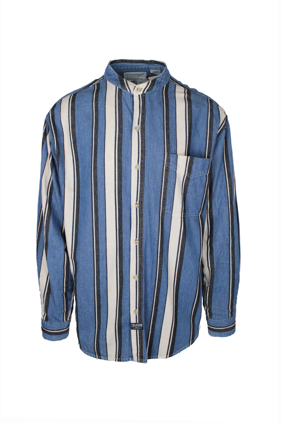 front view of vintage coliseum blues multi blue/white striped long sleeve button up denim shirt. features left breast pocket, band collar, and ‘coliseum blue’ logo tag at bottom of placket.