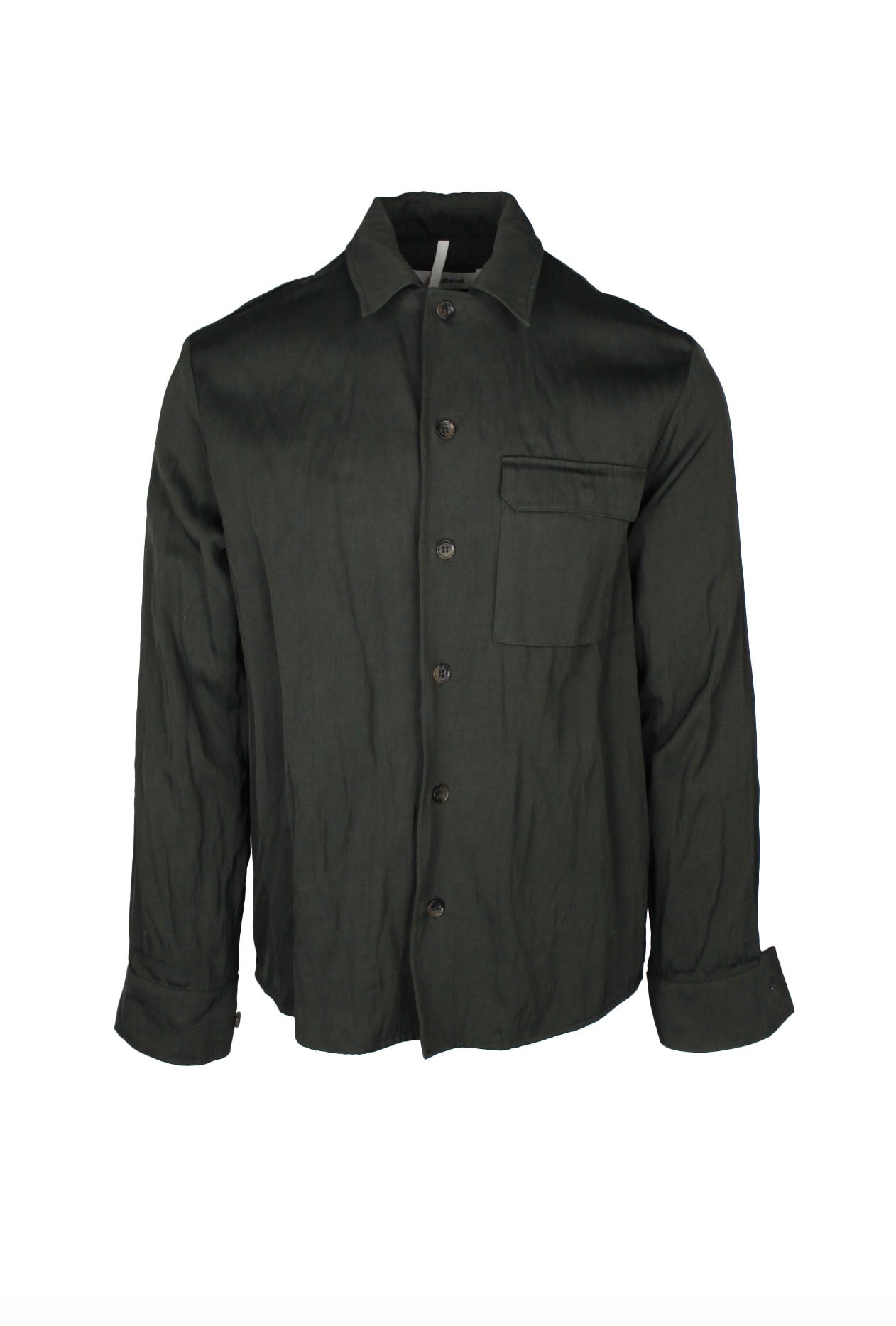 front view of soulland dark green long sleeve button up shirt. features split magnetic closure left breast pocket and buttons at cuffs.
