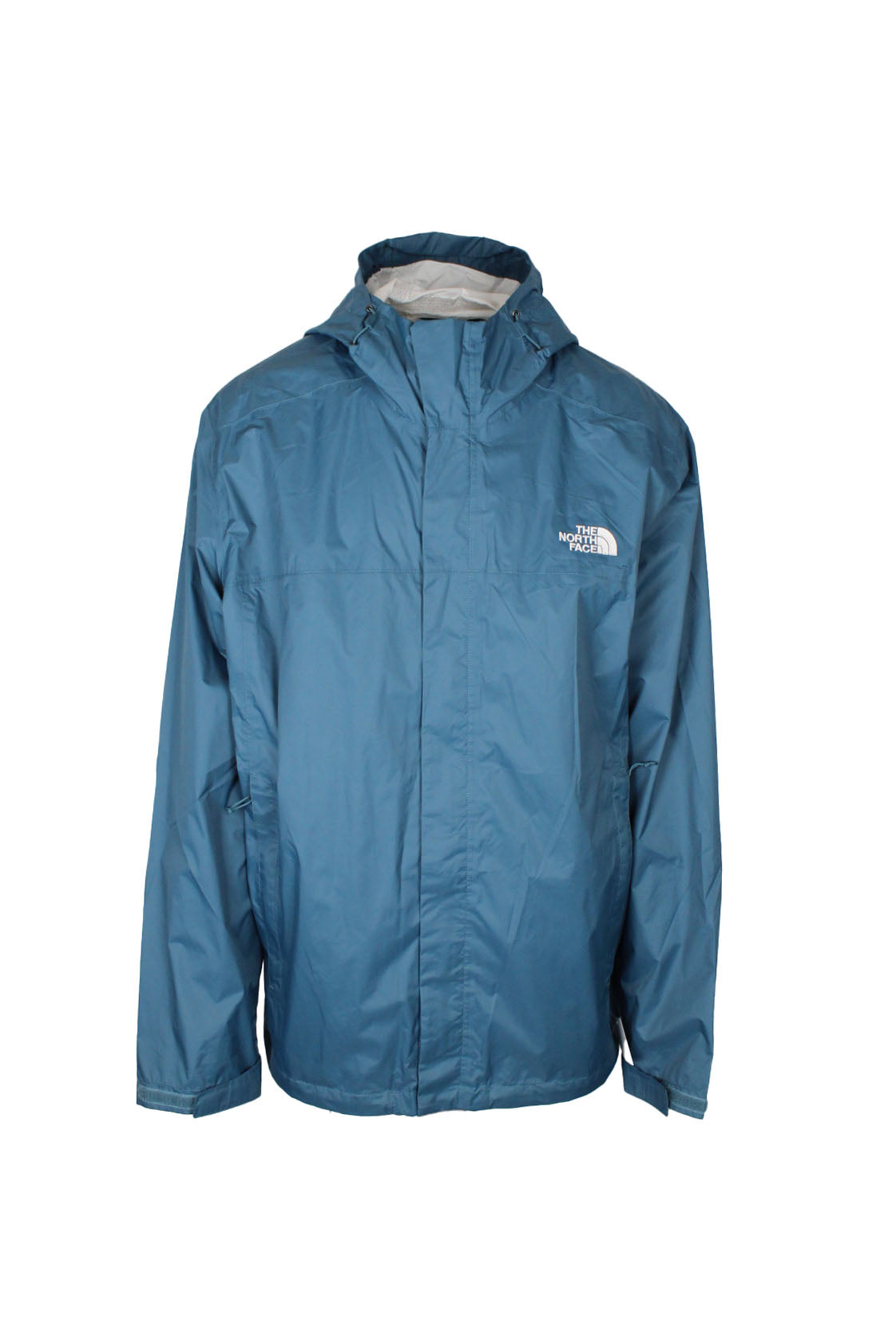 front view of the north face steel blue velcro/zip up waterproof packable jacket. features ‘the north face’ logo embroidered at left breast/back right, side zip hand pockets, velcro straps at cuffs, underarm zip vents, drawstrings at hood/hem, and left pocket doubles as stow pouch.