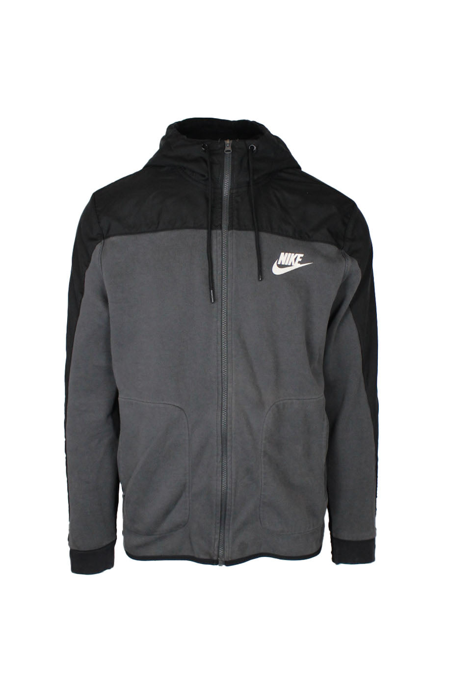 front view of nike black/charcoal zip up sweatshirt. features ‘nike’ logo printed at left breast, side zip hand pockets, elastic at cuffs/hem, drawstrings at hood, and nylon panels throughout.