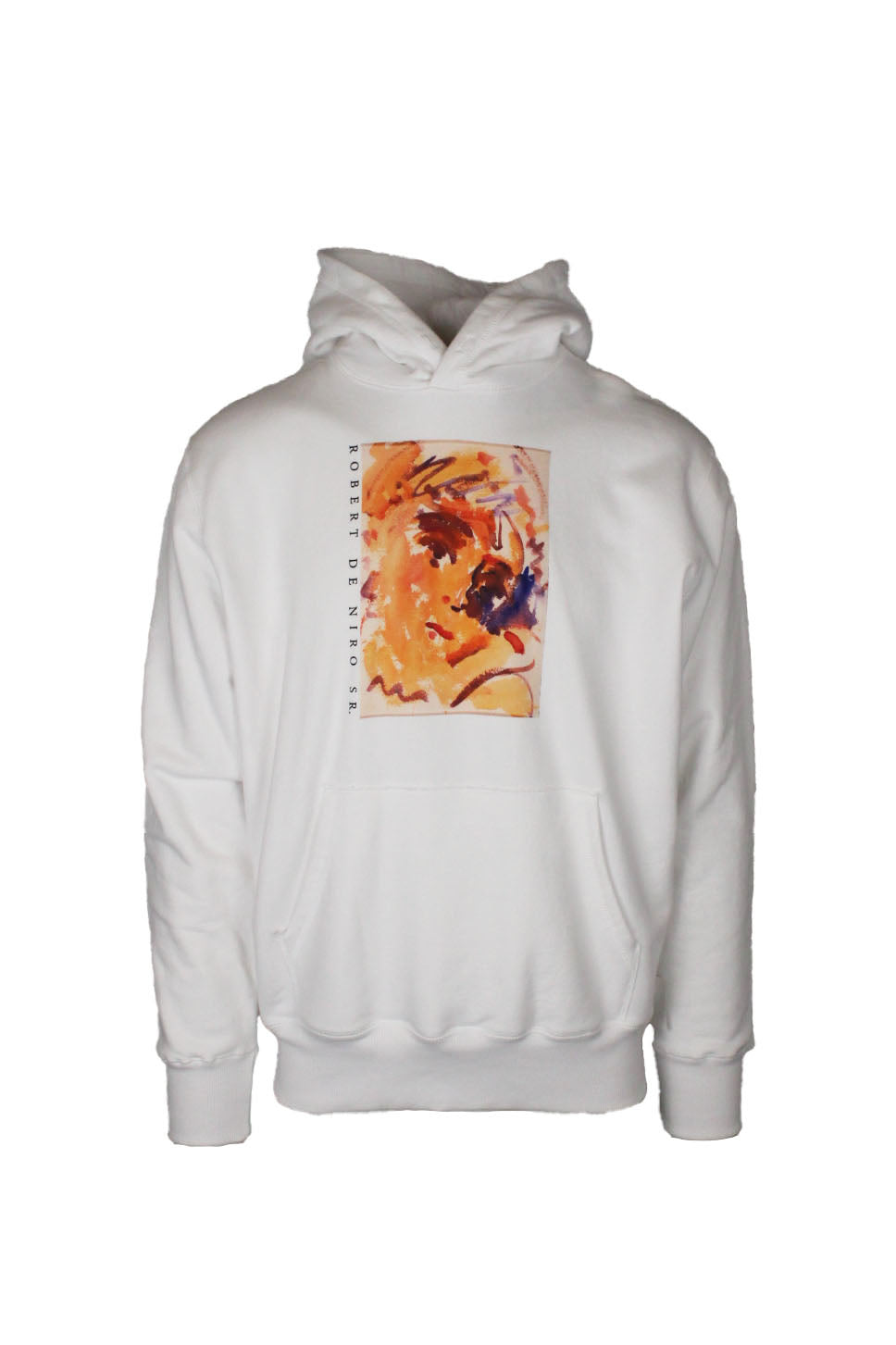 front view of aime leon dore white cotton hoodie. features ‘robert de niro sr.’ graphic printed at chest, front kangaroo pouch pocket, and ribbed cuffs/hem.