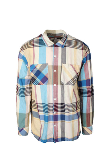 front view of engineered garments multi pastel plaid long sleeve button up shirt. features double breasted button pockets and buttons at cuffs.