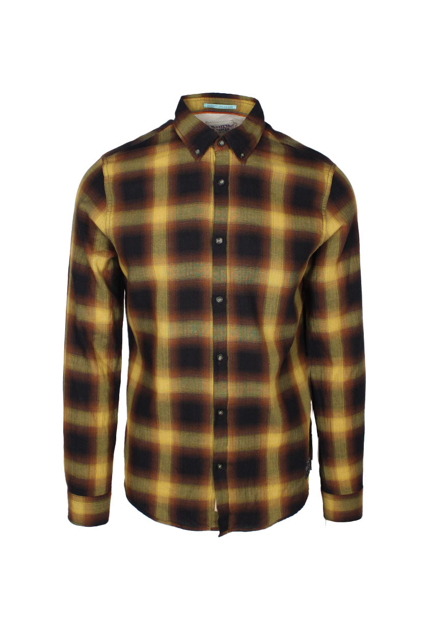 front view of scotch & soda amsterdam muted brown/yellow/black plaid long sleeve button up cotton shirt. features ‘mfg quality goods scotch & soda k22-k105 all standards code-6678 wear it with love’ logo tag at front left above hem, ‘nice to meet you/made with love’ logo tab above left cuff, button down collar, and buttons at cuffs.