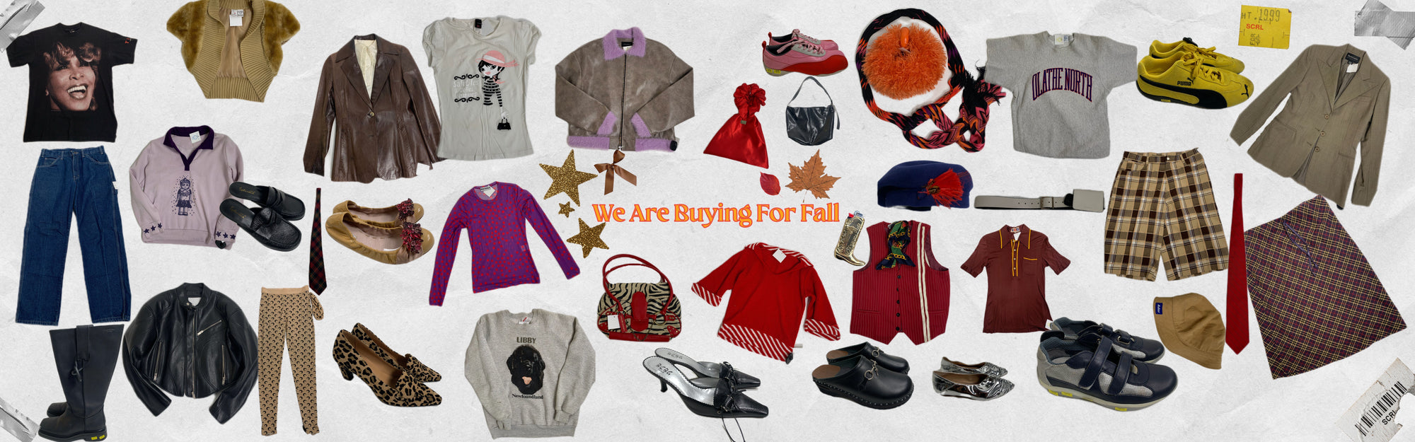 creative collage of seasonal garments from our stores. text in center of image reads "we are buying for fall"