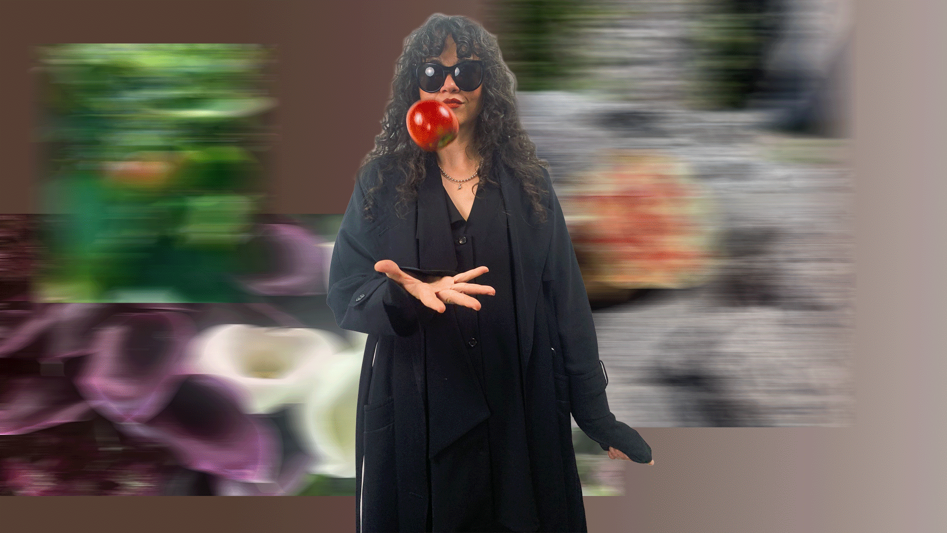 animated gif in a collage style. with model tossing apple in hand and changing scenic images in the back