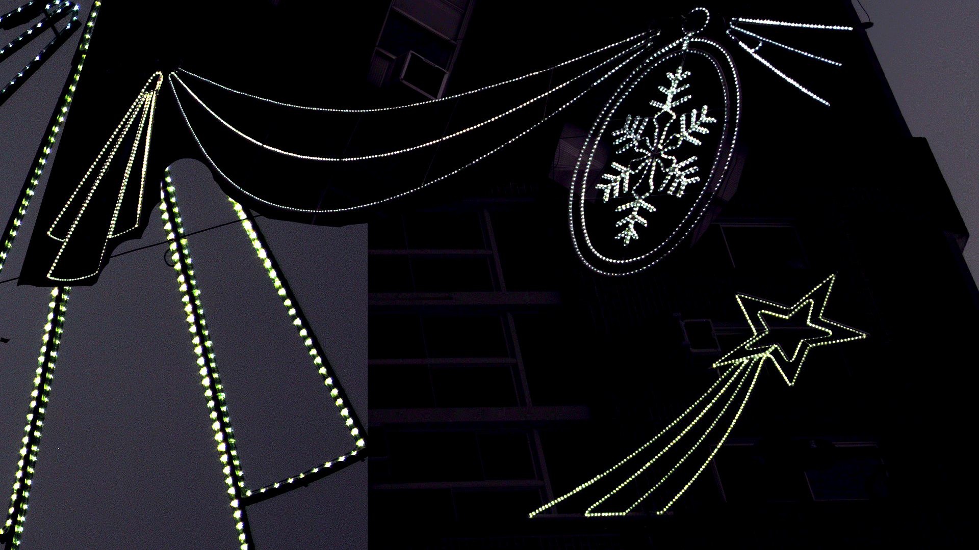 animated gif of model popping up across abstract background of city christmas lights