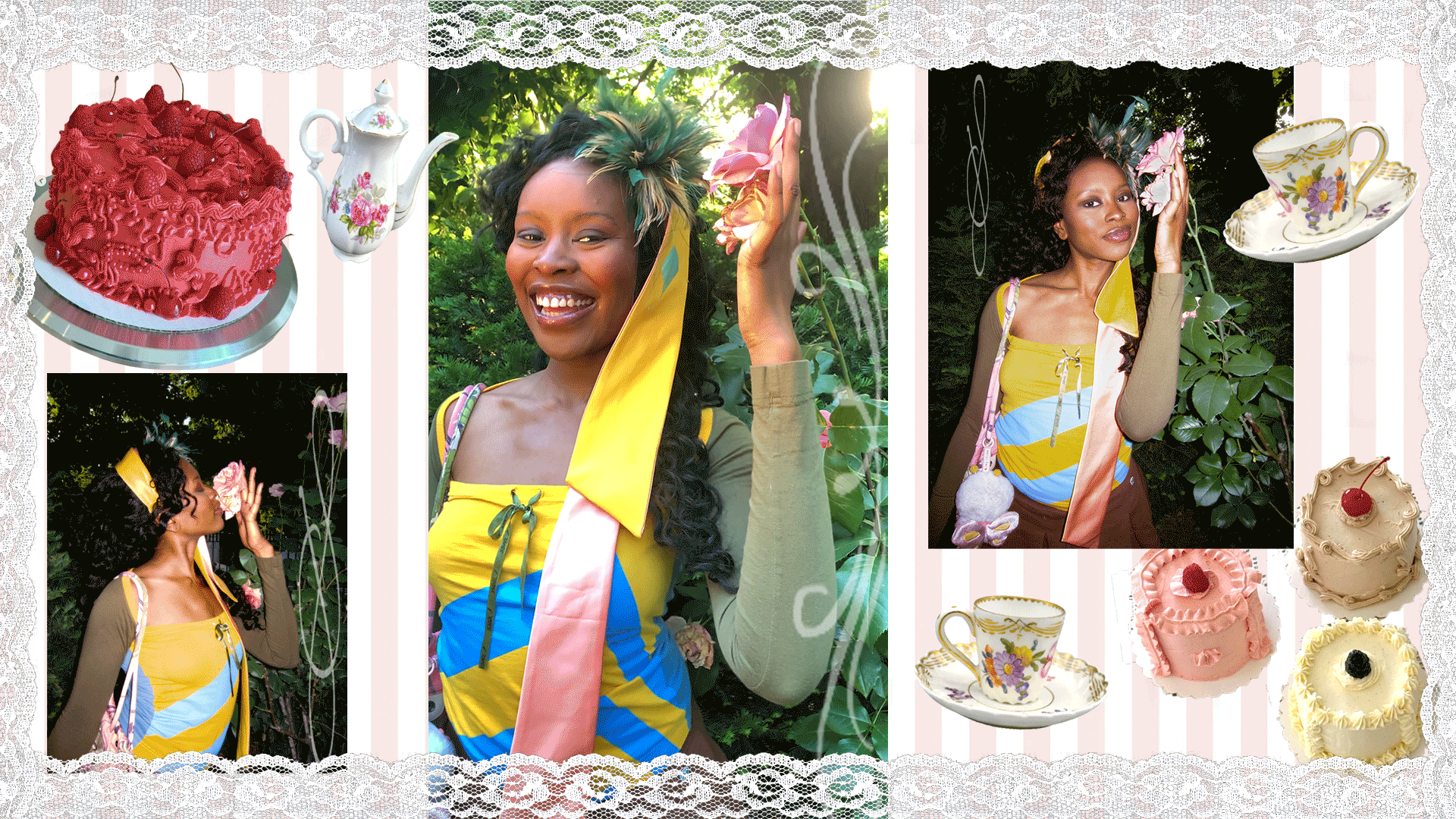 animated gif collage of cakes, tea cups, and model posing with rose in garden