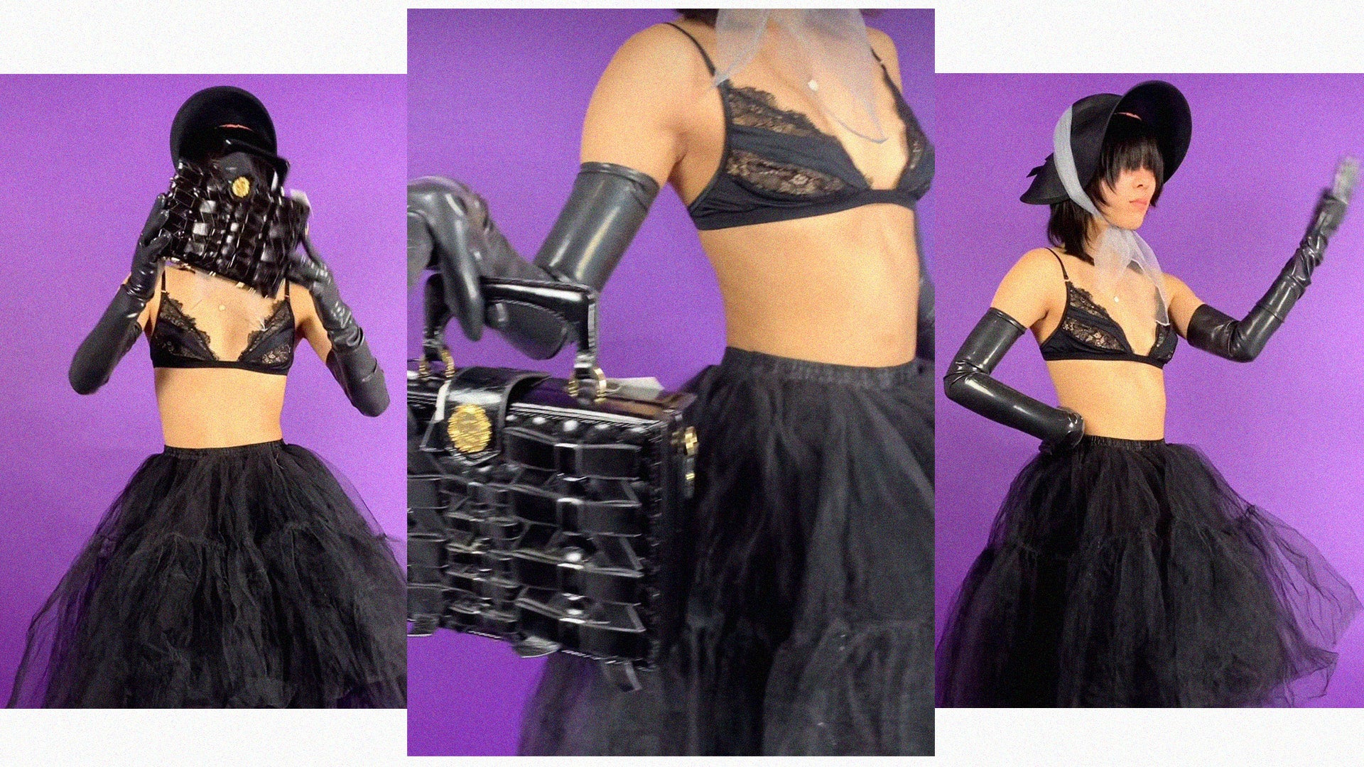 series of three images collaged together of model in black tutu skirt and bra holding bag