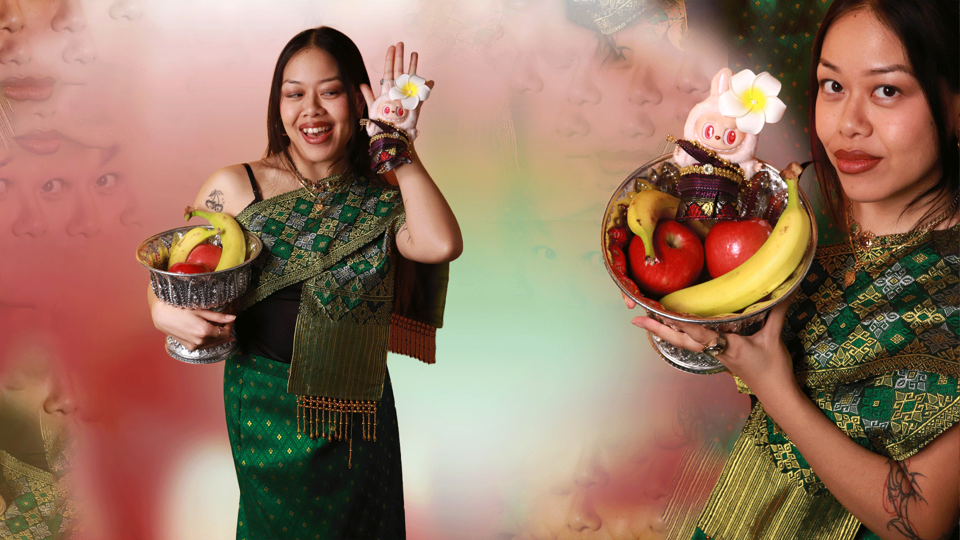 animated gif of collage images: model posing with bowl of fruit in celebratory traditional Lao sinh style (traditional dress) for the month of TLC New Year (Thai Lao Cambodian New Year)