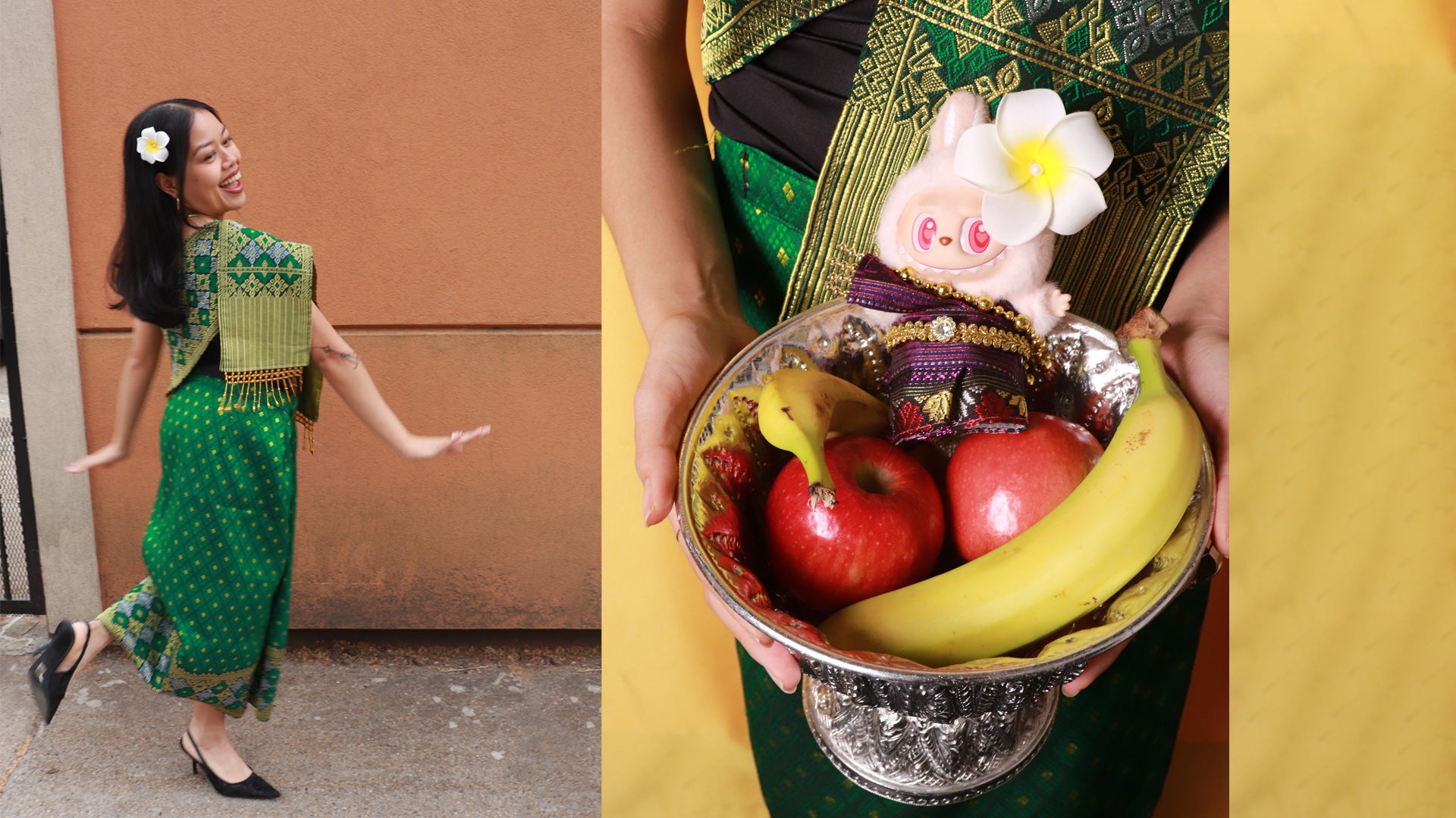 Woman in traditional green and gold outfit with a close-up of a tray with fruits and a small figurine.