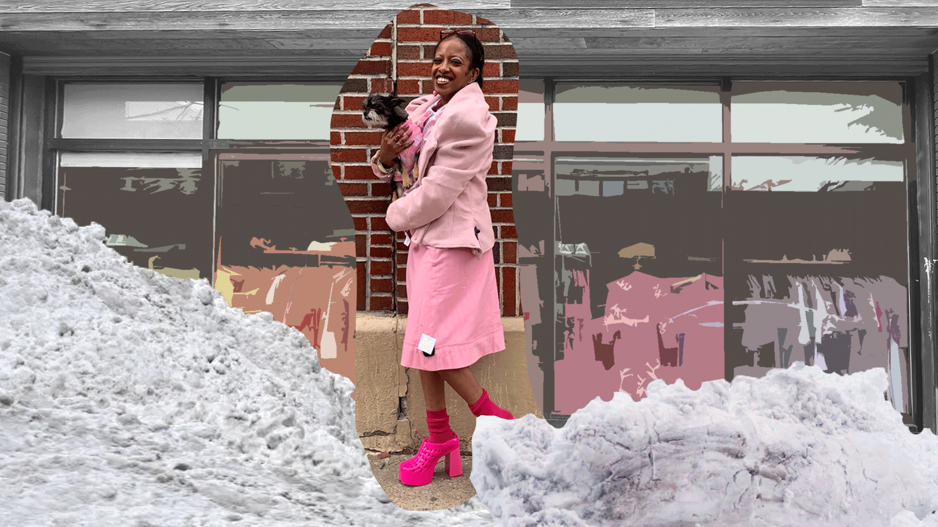 animated gif in collage style of model in spring attire holding small dog. Melting snow and springing flowers. 