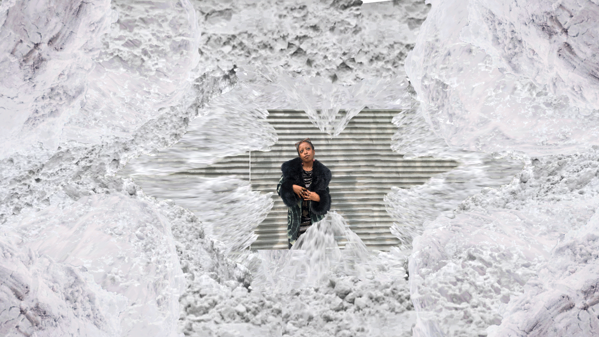 animated gif of artsy collage. showcasing model in spring attire found at beacon's, with trippy snow banks and crocus flower abstract collaging