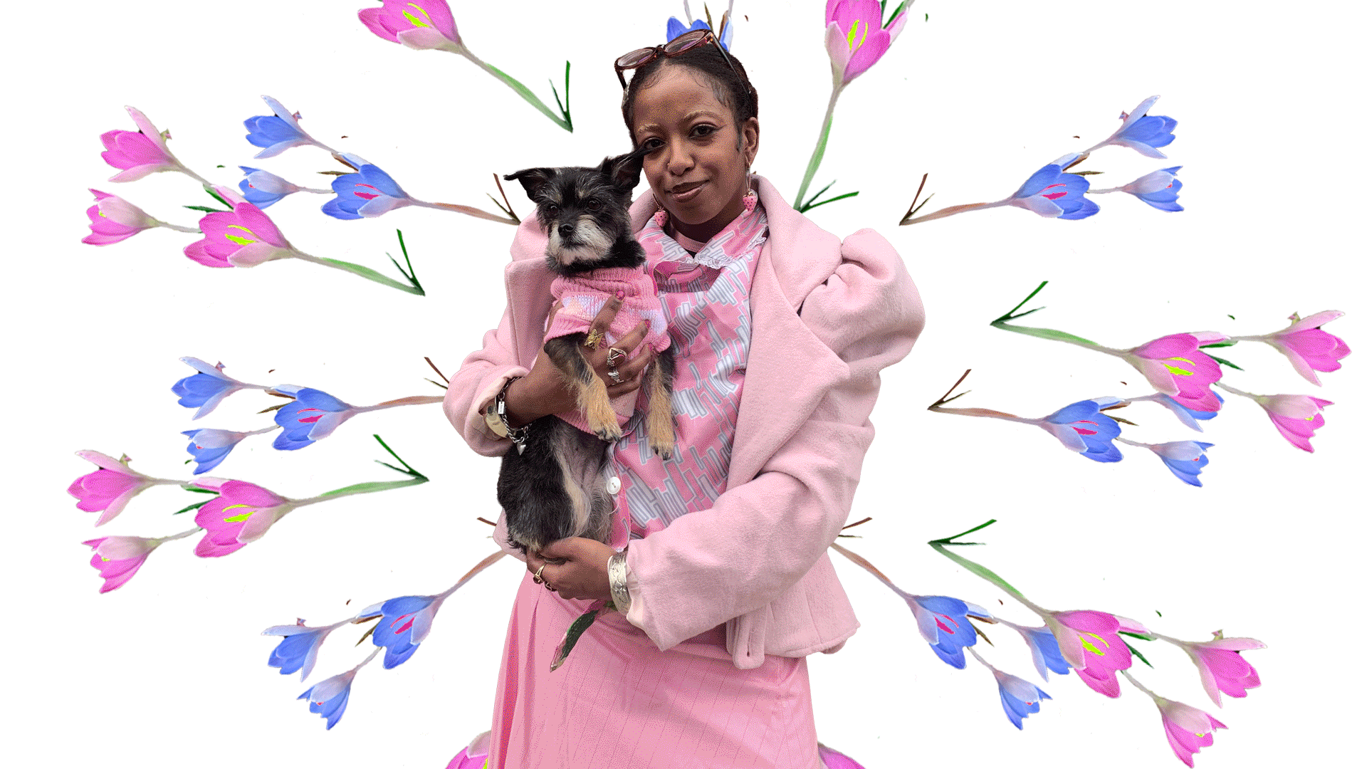 animated upbeat gif of model in kaleidoscope style collage of flowers