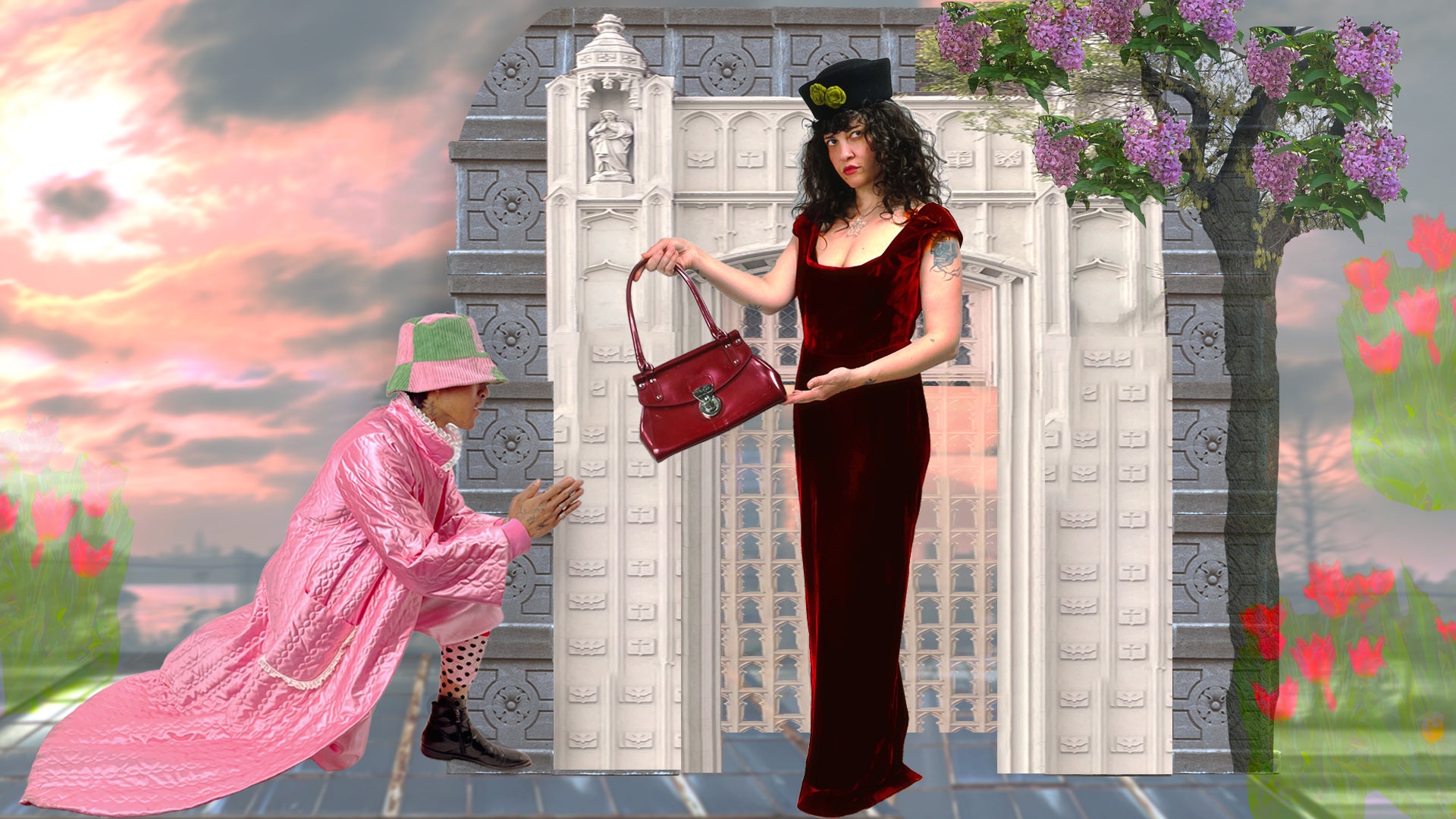 Woman in a red dress holding a red handbag next to a man in a pink coat, with a decorative archway and floral elements in the background.