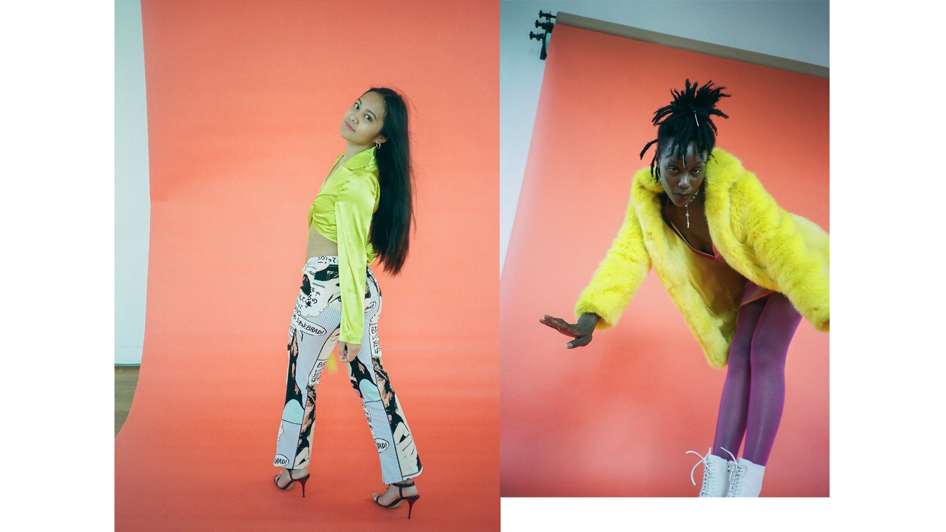 double images side by side or two different women in colorful outfits posing in studio