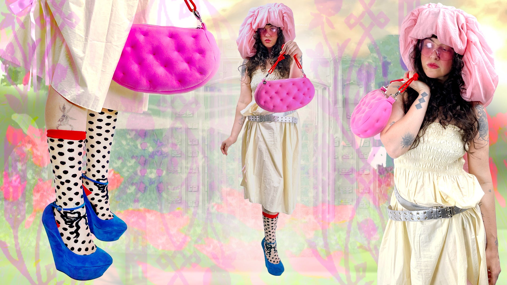 psychedelic vibrant collage of model with pink bag and blue platform shoes against ethereal background 