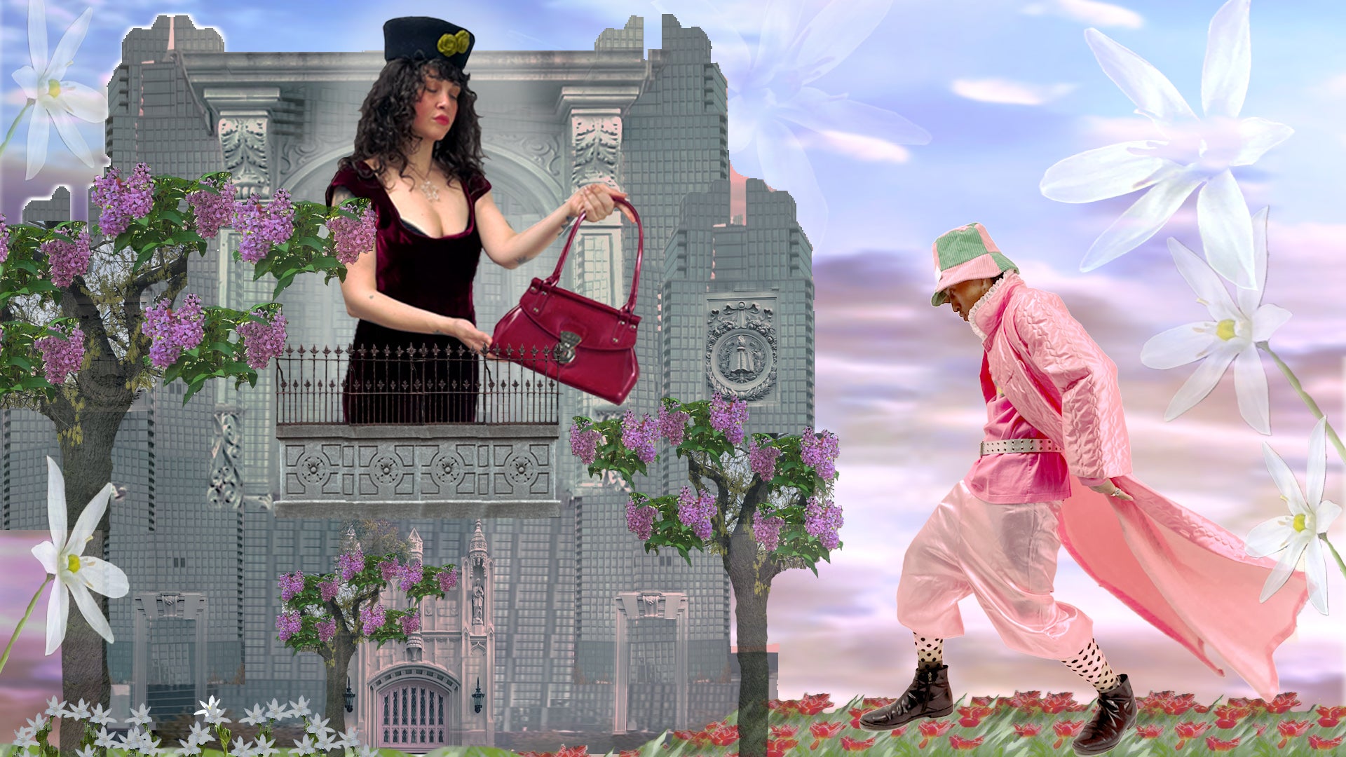 Woman in a red dress holding a red handbag next to a man in a pink coat, with a decorative archway and abstract floral elements in the background.