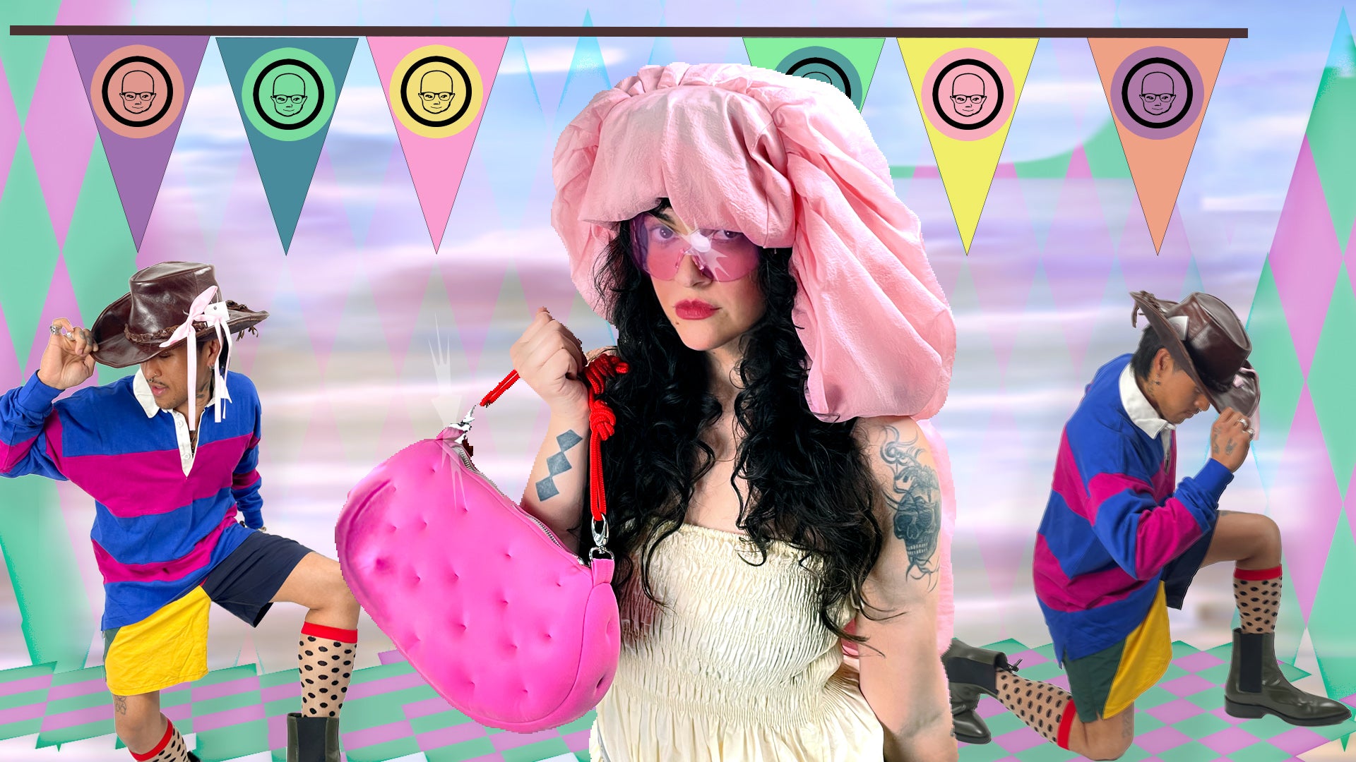 Person with a large pink headscarf and colorful outfit in a playful setting with bunting flags and person in fun outfit posing in back.