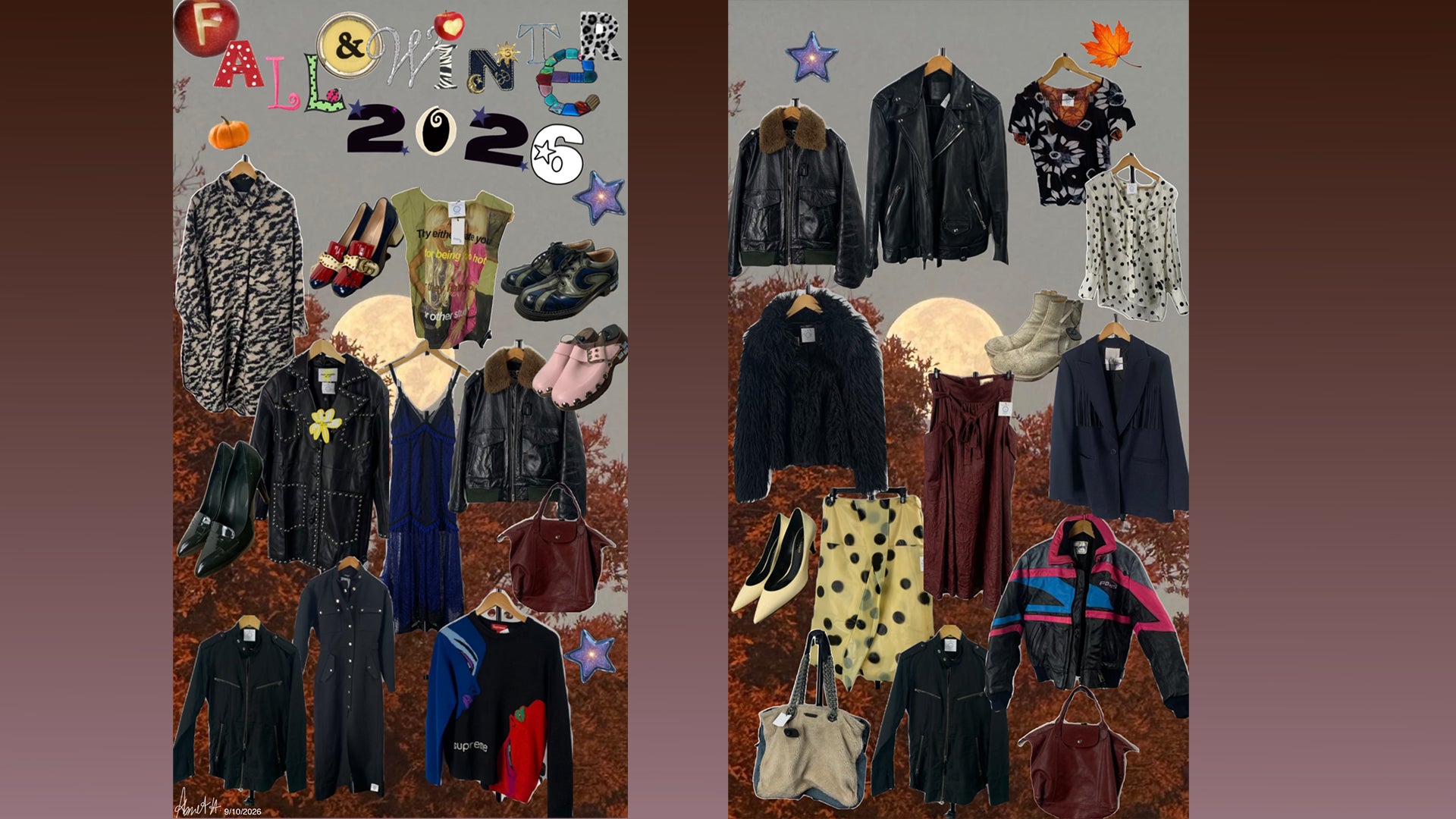 A collage-style autumn fashion display featuring multiple clothing items, bags, shoes, and accessories arranged against a gray background with fall-themed graphics, including the words 'Fall & Fashion 2025' and seasonal icons.