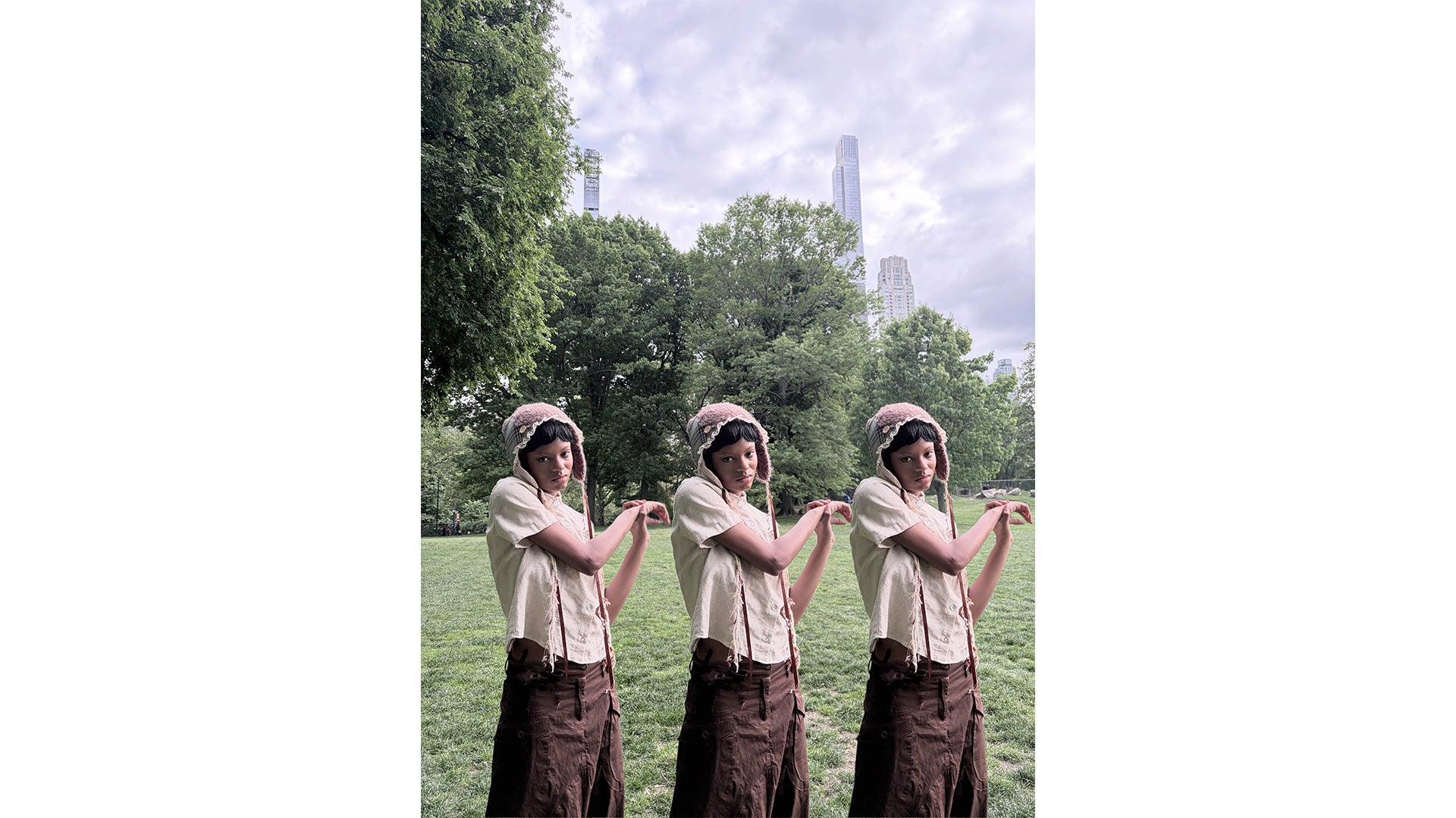tripled image of person in vintage-style clothing standing in a park with trees and a building in the background.
