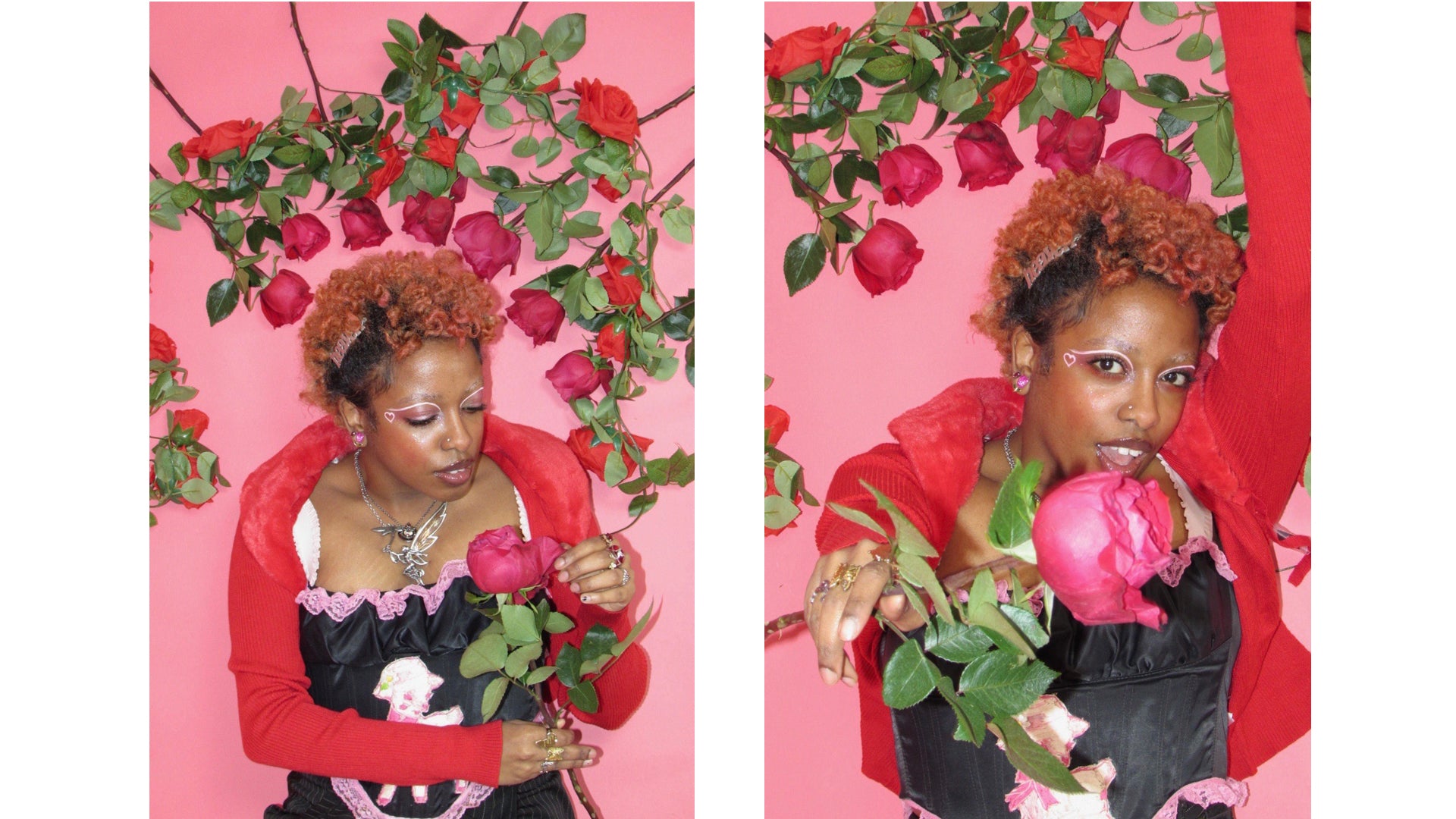 side by side editorial image if model amongst roses