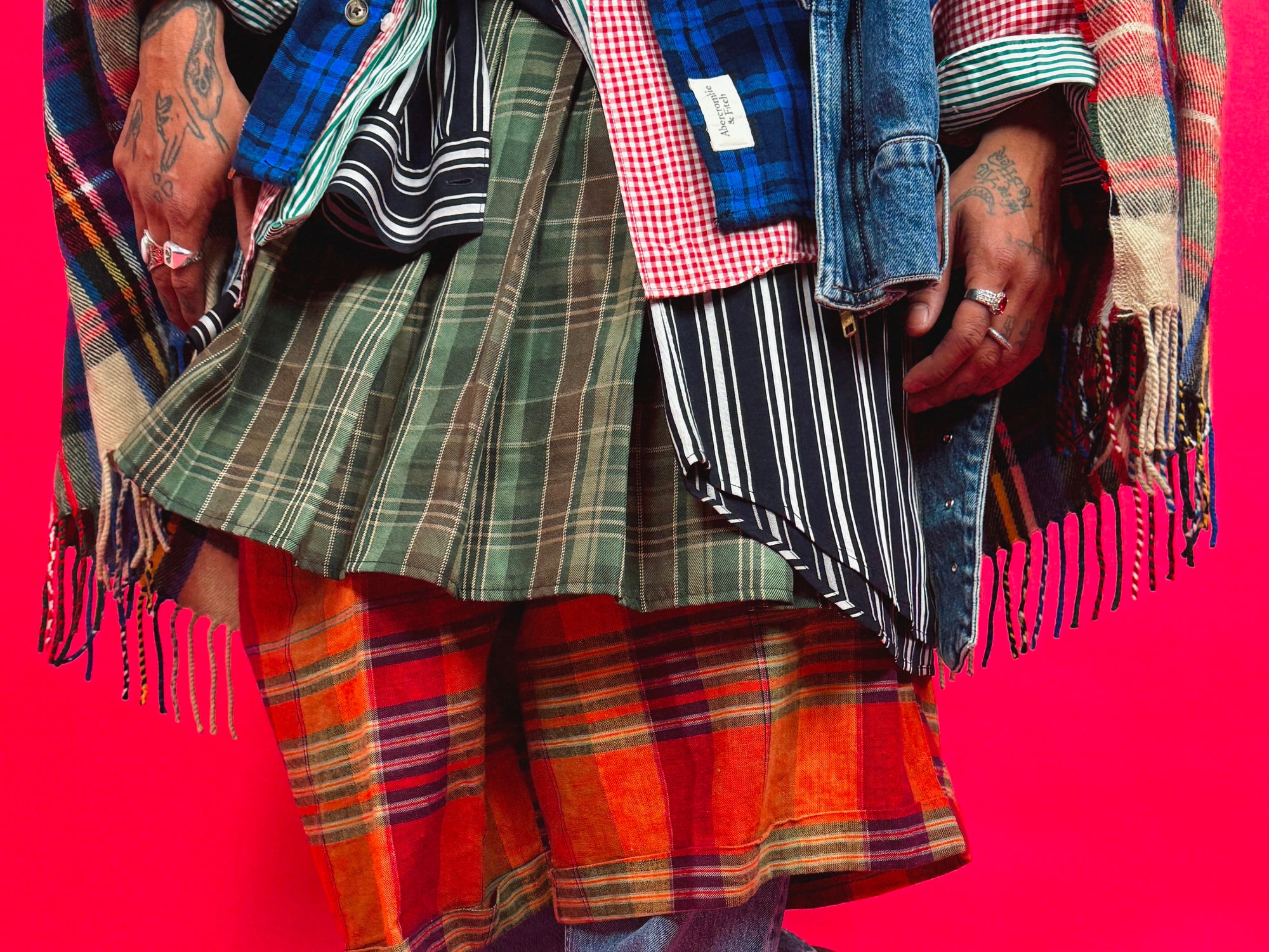 crop editoiral shot of man in studio wearing thick layered outfit